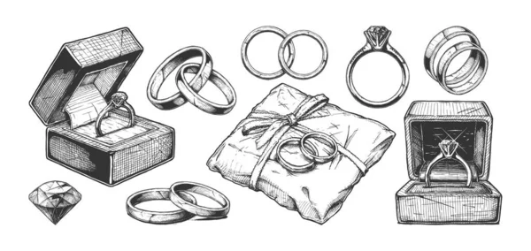 Διανυσματική Χειροποίητη Απεικόνιση Διαφορετικών Δαχτυλιδιών Κοσμημάτων Γάμου Vintage Εγχάρακτο Στυλ — Διανυσματικό Αρχείο