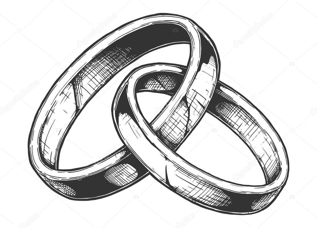 Vector hand drawn illustration of Wedding ring in vintage engraved style. Isolated on white background.