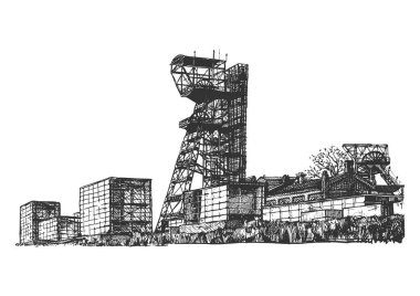 Vector hand drawn illustration of mine shaft tower in vintage engraved style. Isolated on white background. clipart