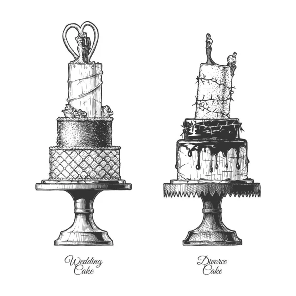 ヴィンテージエングレービングスタイルで結婚式や離婚ケーキのベクトル手描きイラスト 白地に隔離された — ストックベクタ