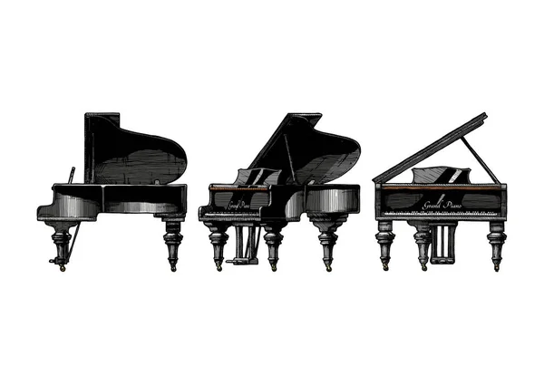 Vetor Desenhado Mão Ilustração Grand Piano Projeções Ortográficas Isolado Fundo — Vetor de Stock