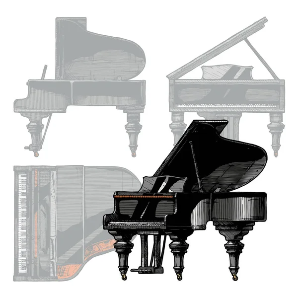 Vektor Kézzel Rajzolt Illusztrációja Grand Piano Ortopográfiai Vetítés Háttérben Felső — Stock Vector