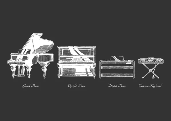 Vector Ilustración Dibujada Mano Tipos Piano Pianos Grandes Verticales Digitales — Vector de stock