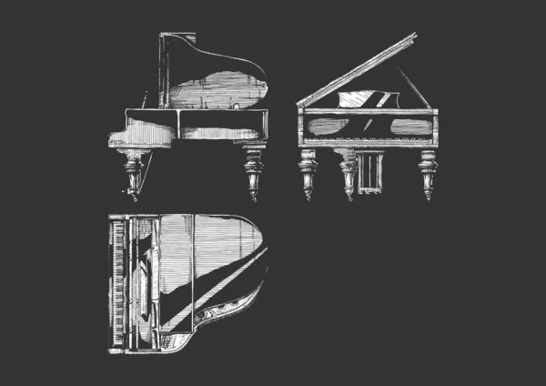 Vintage Oymalı Grand Piano Nun Vektör Çizimi Üst Sağ Taraf — Stok Vektör