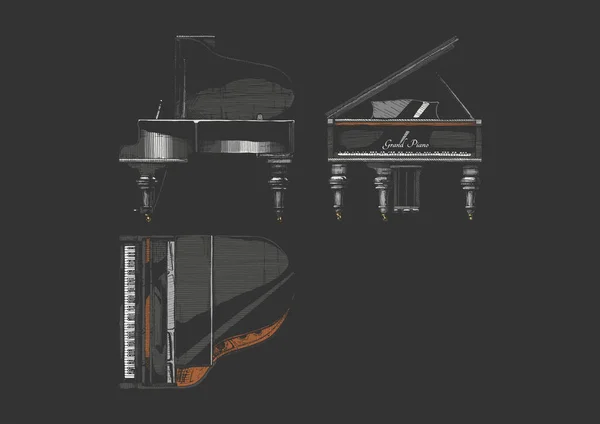 Vector Mão Desenhada Ilustração Grand Piano Estilo Vintage Gravado Topo —  Vetores de Stock