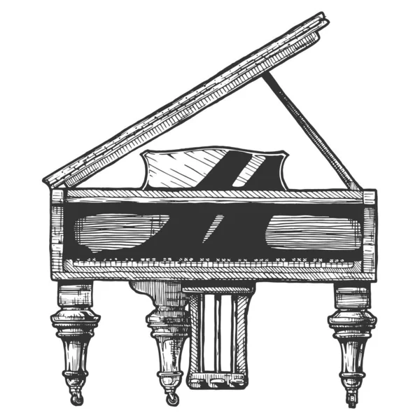 グランドピアノのベクトル手描きイラストをヴィンテージ彫刻風に描きました 正面図 白地に隔離された — ストックベクタ