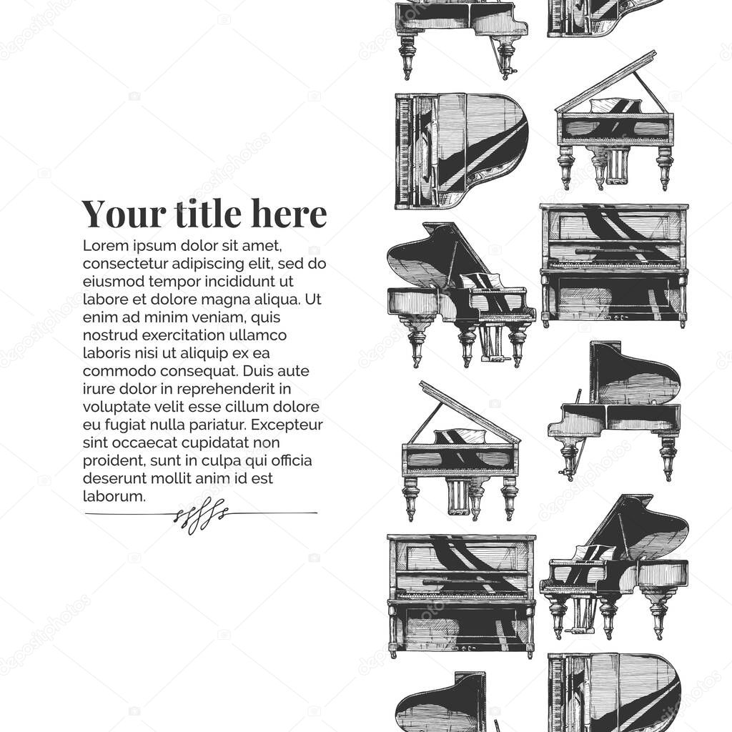 Vector vintage engraving template with Grand Piano, Upright (vertical), digital pianos and electronic keyboard. Seamless pattern stripe. Place for your text.