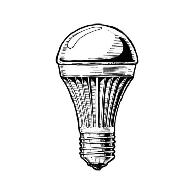 LED lambanın vintage oymalı el çizimi illüstrasyonu. Beyaz arkaplanda izole.