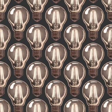 Pürüzsüz desen ve parlak ampuller. Siyah arkaplanda mürekkep el çizimi biçiminde vektör illüstrasyon arka planı.  