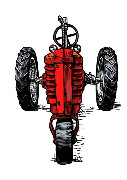 Ilustración Dibujada Mano Vectorial Tractor Rojo Retro Tres Ruedas Estilo — Archivo Imágenes Vectoriales