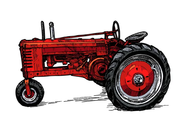 Ilustración Dibujada Mano Vectorial Tractor Rojo Retro Tres Ruedas Estilo — Archivo Imágenes Vectoriales