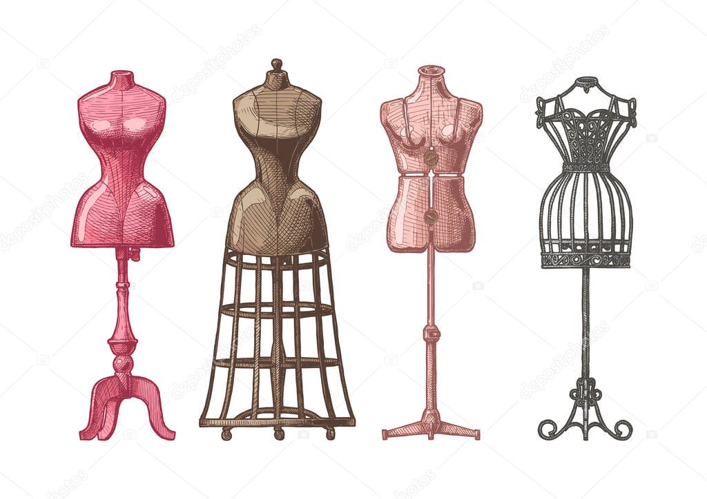 Vector hand drawn illustration of mannequins set in vintage engraved style. Old fashion dummy, dress-stand with bustle, adjustable dress form, frame mannequin. isolated on white background. front view.