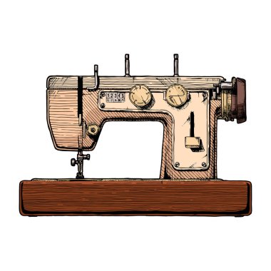 Vintage dikiş makinesinin temsili el çizimi. Beyaz arka planda izole edilmiş. Yan görünüm.