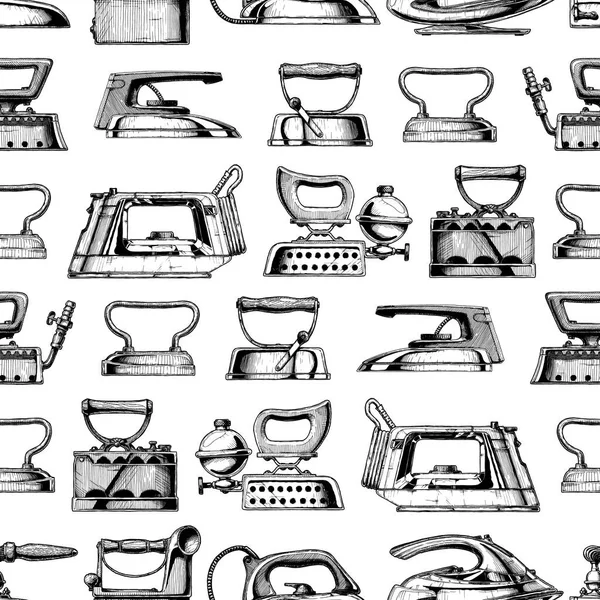 異なる服鉄とシームレスなパターン ヴィンテージ彫刻スタイルのベクトルイラスト — ストックベクタ