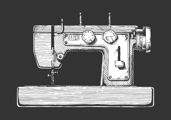 Векторная Ручная Иллюстрация Старинной Швейной Машинки Изолированы Черном Фоне Вид — стоковый вектор