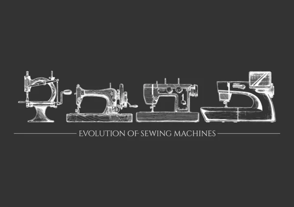 ミシンの進化セットのベクトル手描きイラスト 19世紀のヴィンテージミシンから現代のコンピュータまで 黒い背景に隔離されてる サイドビュー — ストックベクタ