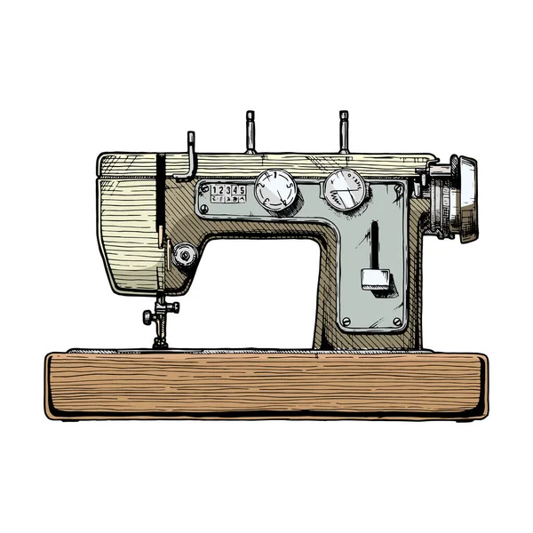 老式缝纫机的矢量手绘图解 被白色背景隔离 侧视图 — 图库矢量图片