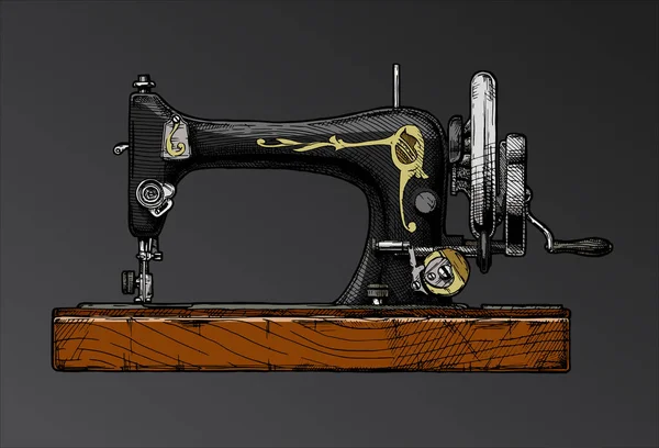 老式缝纫机的矢量手绘图解 在黑色背景上被隔离 侧视图 — 图库矢量图片