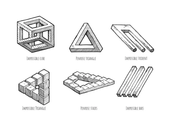 Conjunto Objectos Impossíveis Cubo Irracional Triângulo Penrose Escadas Garfo Afinação — Vetor de Stock