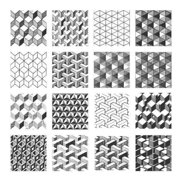 Set Patrones Geométricos Monocromáticos Dibujados Mano Con Ilusión Óptica Revestimientos — Vector de stock