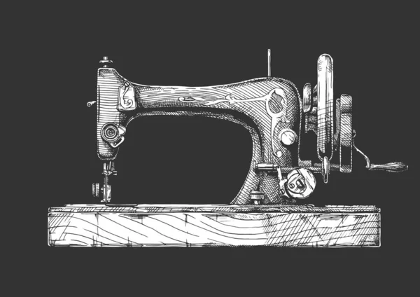 Vector Hand Drawn Illustration Vintage Sewing Machine Isolated Black Background Royalty Free Stock Illustrations