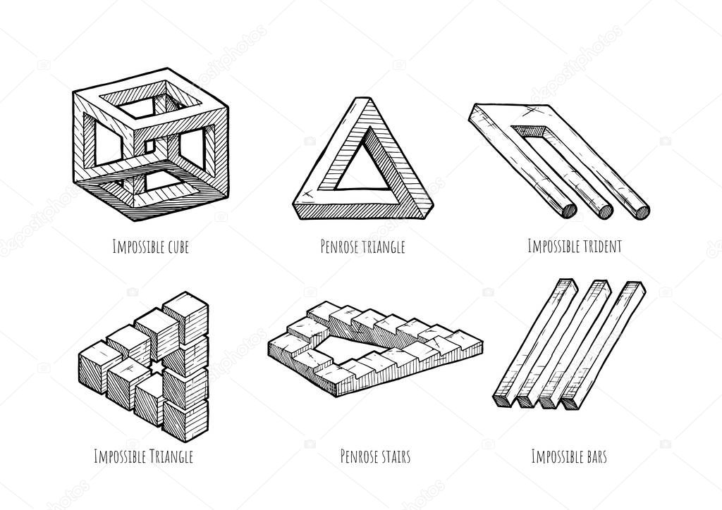 Impossible object set. Irrational cube, penrose triangle and stairs, devils tuning fork, impossible triangle, three or four bar optical illusion. Illustration in vintage engraved style. Isolated on white background.