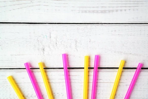 Festive Summer Concept Drinking Straw White Wooden Background Copy Space — Stock Photo, Image