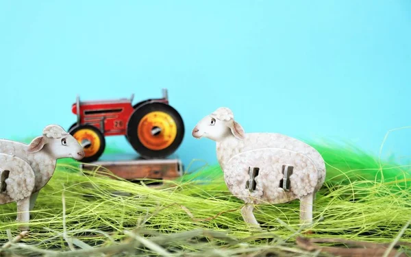 Two Sheep Red Tractor Farm Animals Green Blue Background Small — Stock Photo, Image