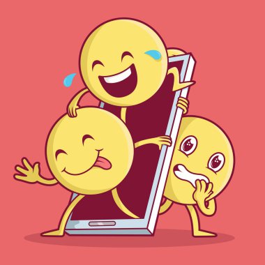 Smartphone vektör illüstrasyonundan Emoji atlayışı. Teknoloji, iletişim, sosyal medya tasarım kavramı