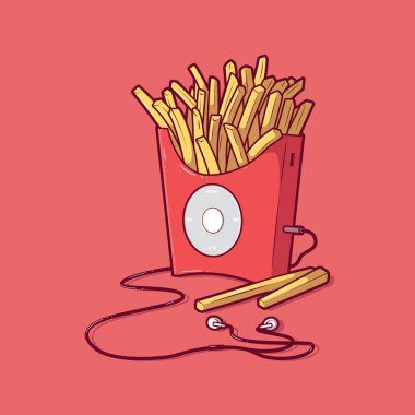 Patates kızartması mp3 çalar vektör illüstrasyonudur. Müzik, yemek, retro, klasik tasarım konsepti