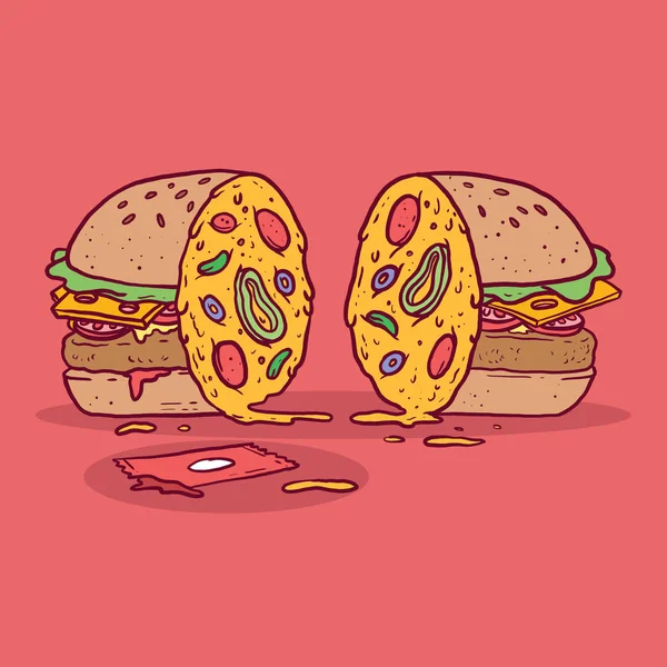 Abrir Burger Con Pizza Ilustración Del Vector Medio Comida Rápida — Archivo Imágenes Vectoriales