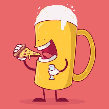 Bira fincanı pizza vektör çizimi yiyor. Parti, içki, fast food, reklam tasarımı konsepti