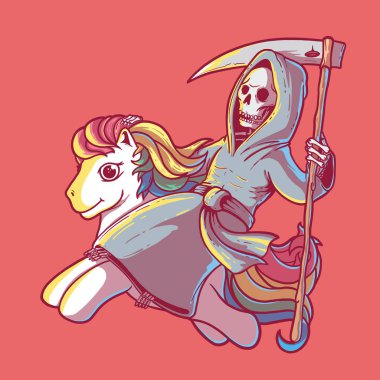 Biçici ve tek boynuzlu at vektör çizimi. İskelet, Azrail, ölüm, çizgi roman, çizgi film, şirin tasarım konsepti