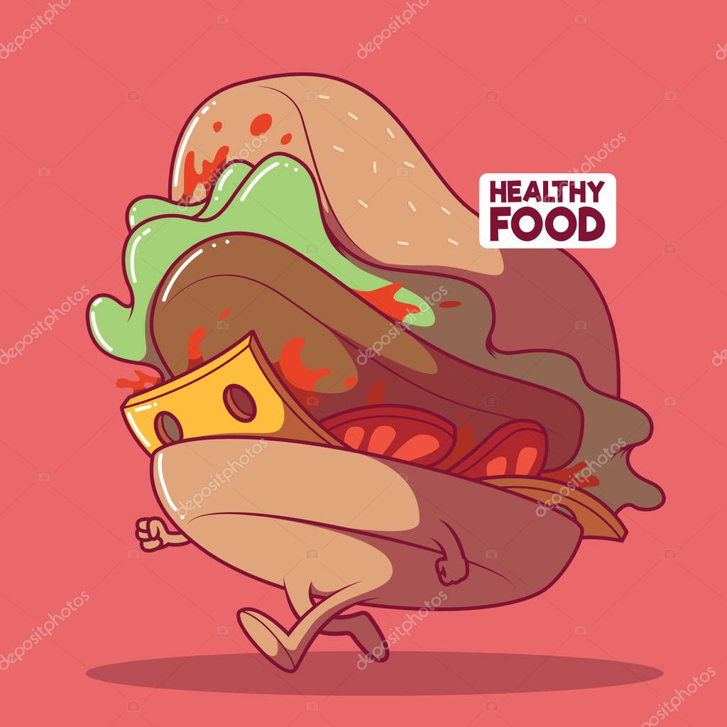 Burger running vector illustration. Sport, food, healthy, fast food, fat, diet design concept