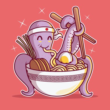 Ahtapot bir kase vektör illüstrasyonunda Ramen yiyor. Yemek, restoran, Asya, çizgi roman, komik tasarım konsepti