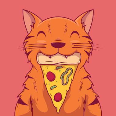Ağız vektörü çiziminde pizza dilimi olan bir kedi. Yemek, fast food, pizza, arkadaşlar, hayvan tasarımı konsepti