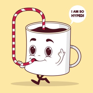 Kahve fincanı karakter çizimi. İçecek, gıda tasarımı konsepti