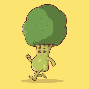 Brokoli karakteri yürüyor ve gülümsüyor. Sağlıklı gıda tasarımı kavramı