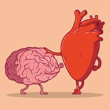 Heart and brain fighting vector illustration. Love, hate, relation, decision, responsibility design concept clipart