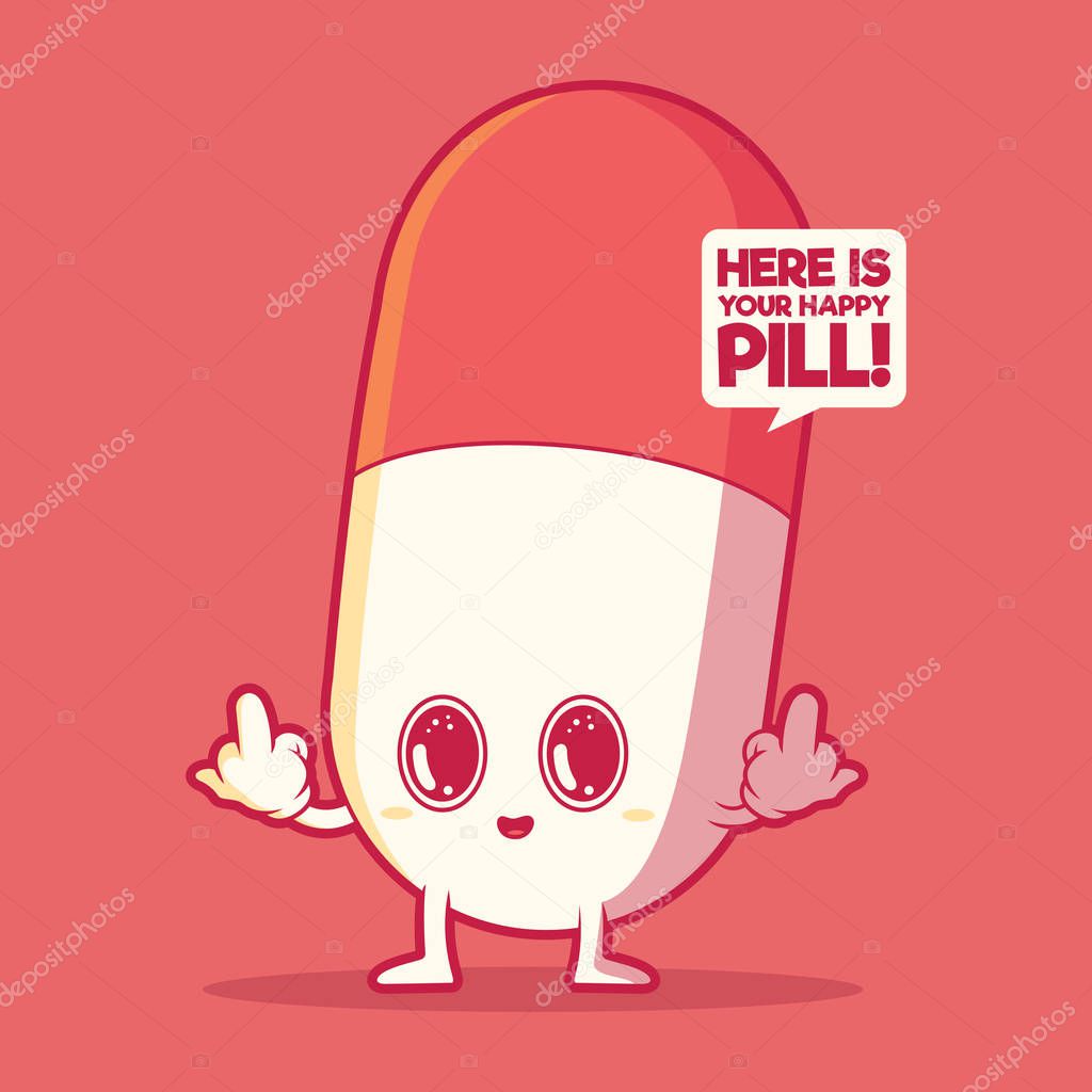 Pill character middle finger up vector illustration. Communication, medicine design concept