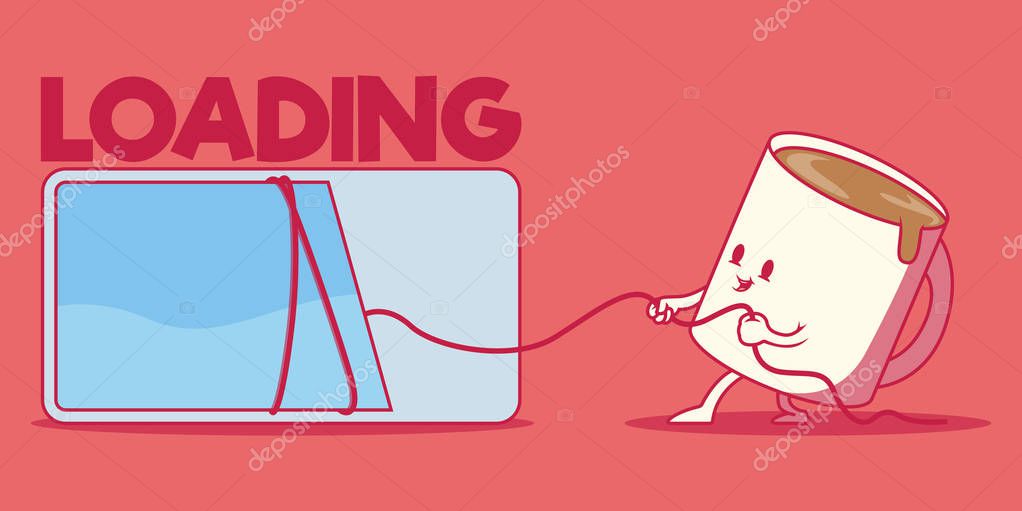 Coffee cup character vector illustration. Loading, motivation, technology design concept