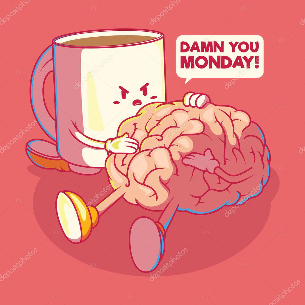 Coffee and brain vector character vector illustration. Motivation, inspiration, energy design concept