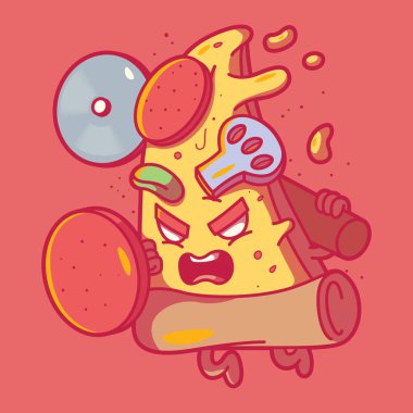 Pizza dilimi savaşçı vektör çizimi. Fast food, marka, pazarlama, yiyecek, tasarım konsepti