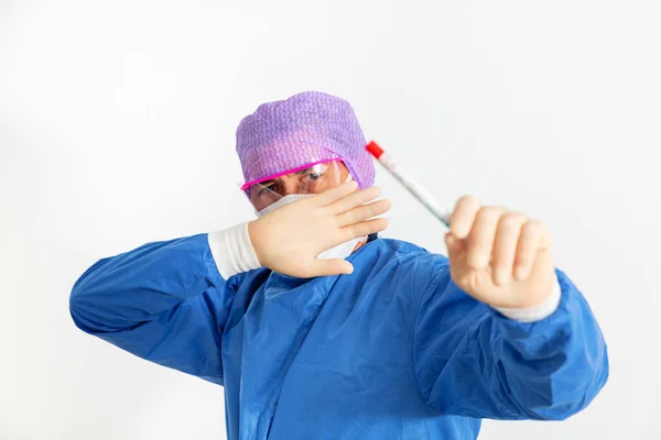 Doctor Protective Suit Holding Nasal Swab Used Test Possible Coronavirus — Stock Photo, Image