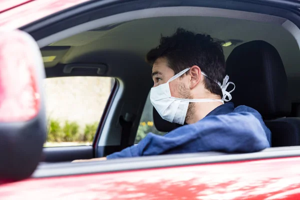 Young Male Driver Car Protective Face Mask — Stock Photo, Image