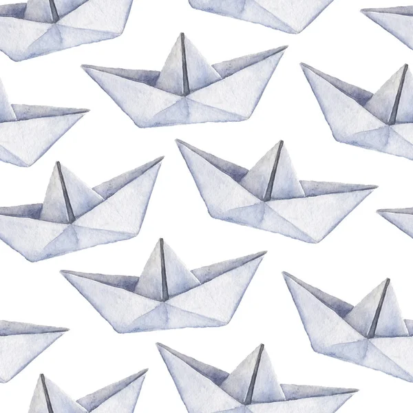 Watercolor hand drawn origami seamless pattern with boats on transparent background