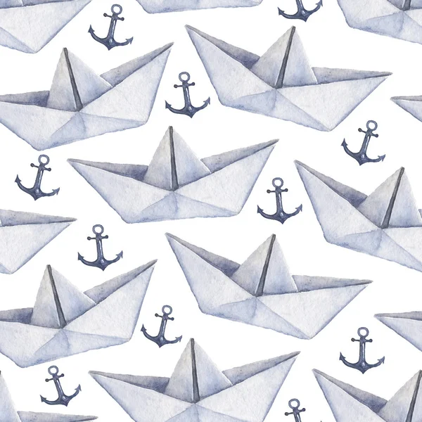 Watercolor hand drawn origami seamless pattern with boats and anchors on transparent background