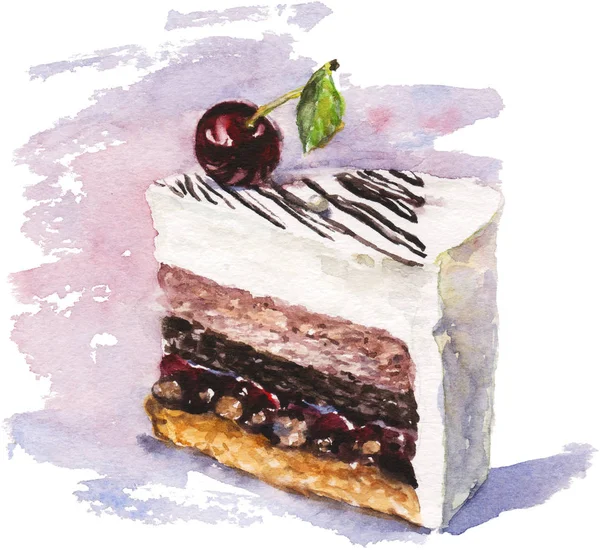 Watercolor cake illustration with cherry on the top