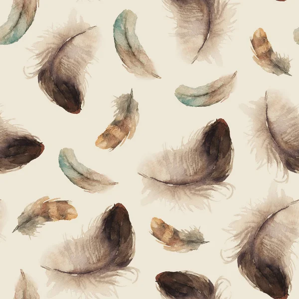Watercolor hand drawn feathers pattern - boho style elements on creamy background