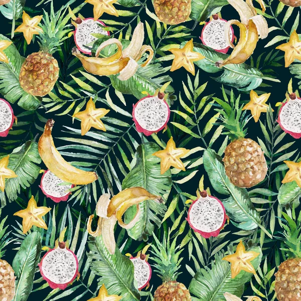 Green palm leaves, banana, pineapple, carambola star and pitaya on the black background. Watercolor hand painted seamless pattern. Tropical illustration. Jungle foliage.